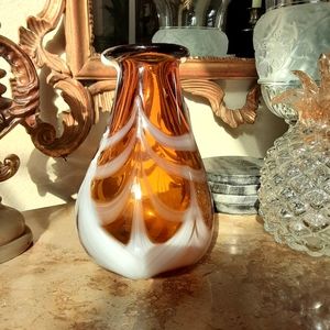 Heavy, Blown Glass, Mottled Heavy White Drip over Amber. VASE